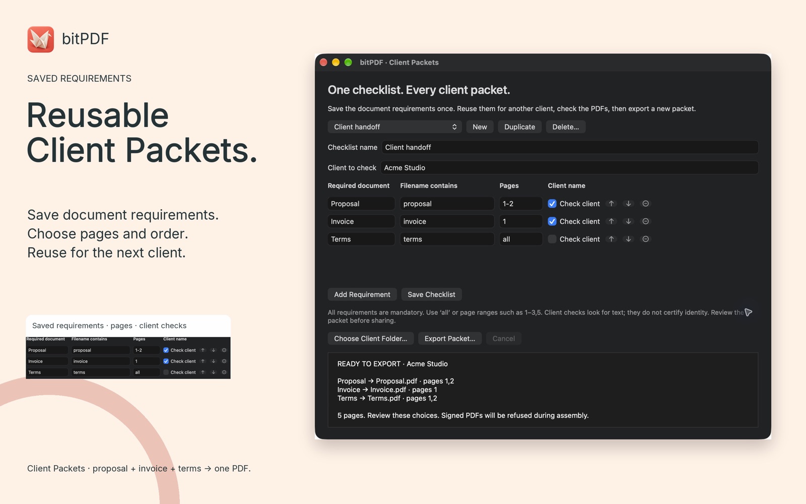 bitPDF checking a reusable client packet before export