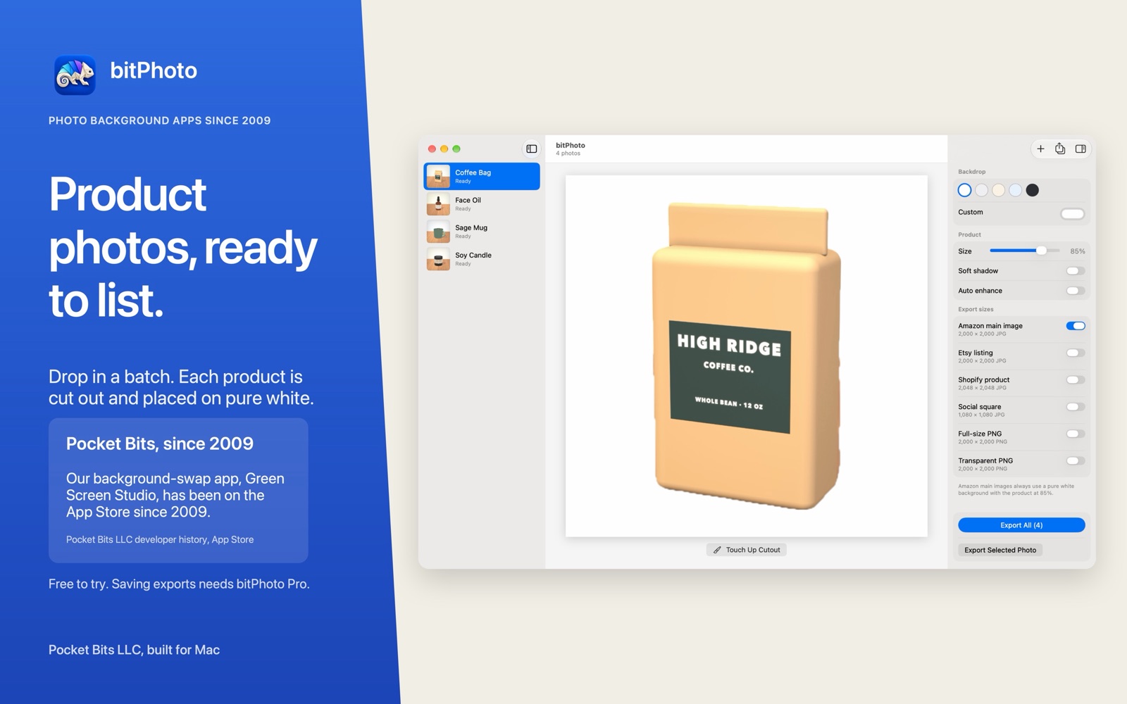 bitPhoto on Mac: a batch of product photos previewed on pure white.